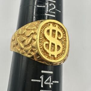 Men's gold plated Dollar money sign nugget statement signet ring size 13